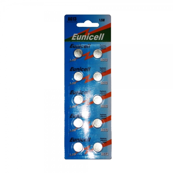 Piles de montre AG13 EUNICELL - Blister de 10 - LR44 / SR44 / A76 / 303 / 357 - Alcaline