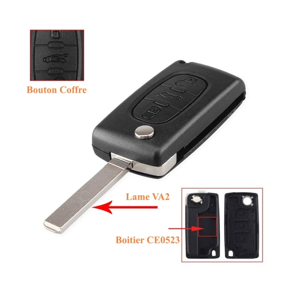 Boitier de télécommande - Clé Plip 3 boutons - PEUGEOT - VA2 / CE0523 - 307/308/407/607
