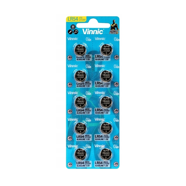 Piles AG10 VINNIC - Blister de 10 - LR1130 / SR1130 / 189 / 390 / 389 - Alcaline
